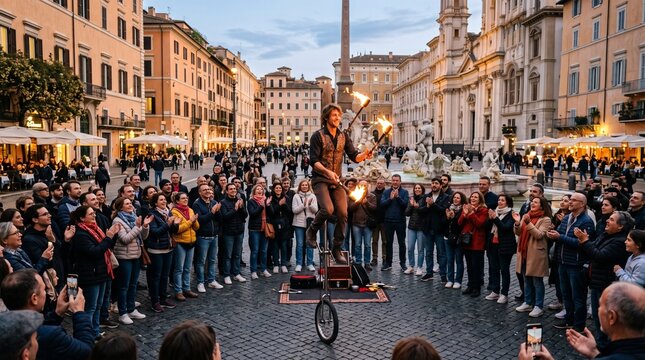 Street Performer Entertains Crowd in Piazza: A fire performer on a unicycle captivates a gathered audience in a European piazza, creating a mesmerizing spectacle of skill and entertainment.