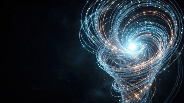 Glowing, swirling strands of light spiral inwards toward a bright, radiant core on a dark background