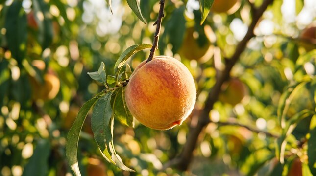 Ripe Peach on Branch: A single, sun-kissed peach hangs plump and ready to pick from its leafy branch, with a backdrop of sunlit orchard rows inviting a taste of summer's bounty.