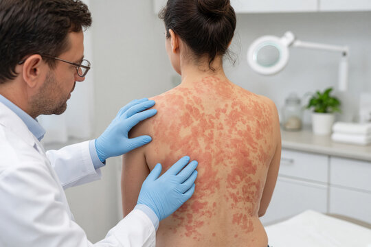 dermatologo che visita schiena paziente con orticaria dermatite 