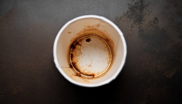 top view of an empty disposable paper coffee cup with brown stains and dried caffeine residue on the inside walls isolated on a textured dark background after finishing a hot beverage drink