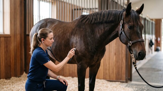 veterinarian listening to horse heartbeat