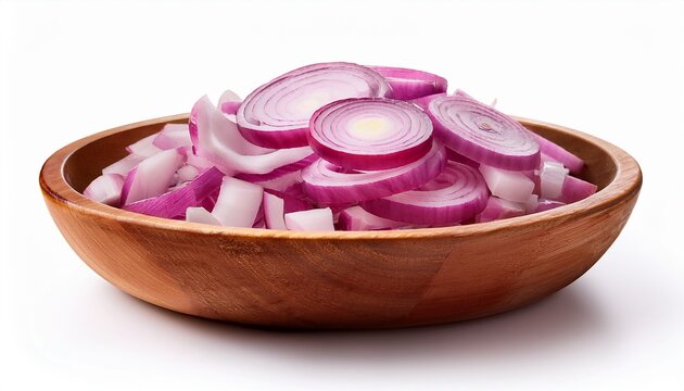 wooden bowls filled with chopped red onions isolated on white background raw red onion cubes in wooden dish kitchen preparation isolated image