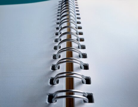 close up of white spiral wire binding on a blank open notebook macro view of metal twin loop wire ring binder on clean paper page school stationery or corporate office diary concept