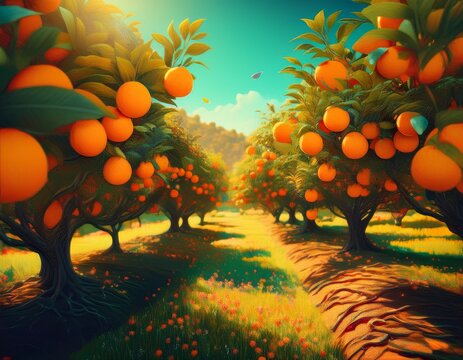 an orange grove with lots of oranges growing on the trees generative ai