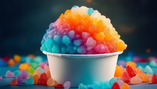 colorful shaved ice snowcone in a white paper cup generative ai