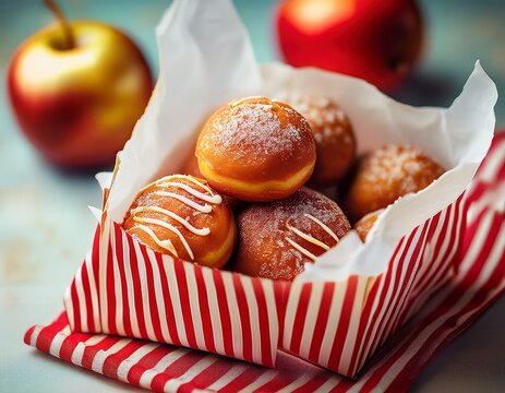 mini apple cider donuts in a small white and red striped paper bag generative ai