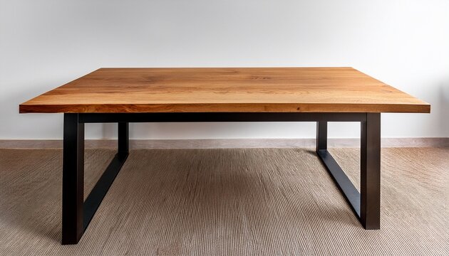a wooden table with sleek metal legs is showcased against a plain white background the simplicity of the design allows the tables construction to stand out