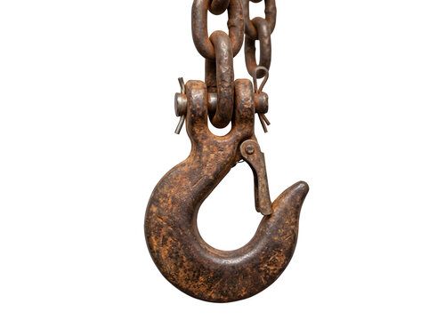 Old rusty metal crane hook attached to a heavy industrial chain isolated on transparent background
