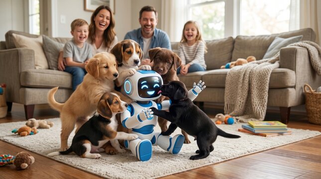 Family Domestic Happiness and Smart Companion Integration : Cheerful family watching puppies interact with friendly toy robot in living room