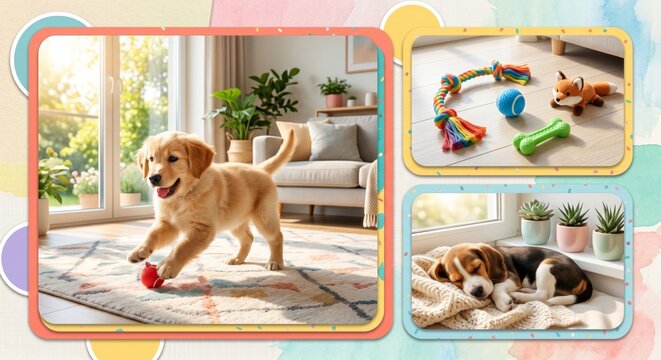 Playful Pet Care and Domestic Dog Happiness : Photo collage showing golden retriever puppy playing and beagle sleeping near toys