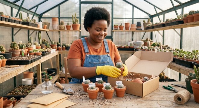 Small Business Entrepreneurship and Botanical Passion : Smiling African American woman packing cactus plants inside a rustic greenhouse