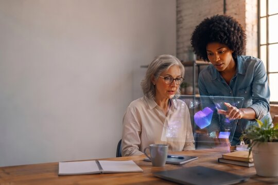 Collaborative Innovation and Holographic Technology : Diverse Women Working Together on Digital Interface