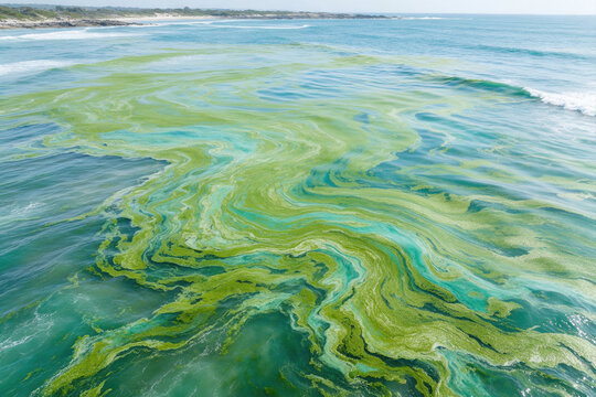 Aerial View Of Green Algae Bloom Spreading Across The Blue Ocean