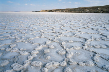 Obraz premium Vast Salt Lake Landscape With Textured Crystalline Ground And Distant