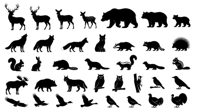 Collection of black forest animal silhouettes isolated on a white background