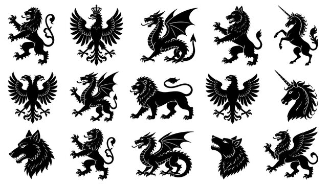 Collection of black heraldic animal silhouettes featuring lions eagles and dragons