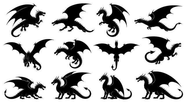 Collection of black dragon silhouettes in various flying and standing poses