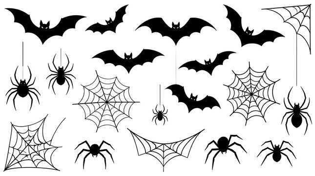 Collection of black Halloween silhouettes featuring various bats and spider webs
