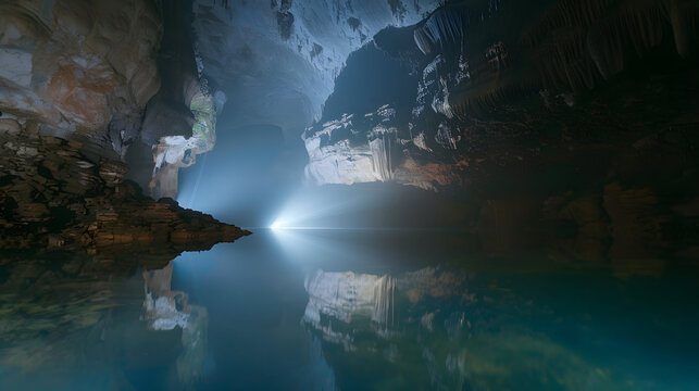 Spectacular underground flooded cavern with light reflecting on turquoise water