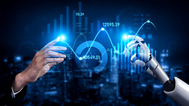 A human hand and robotic hand are poised to connect, symbolizing collaboration in the finance sector with digital graphs and financial data in the background. Scalp