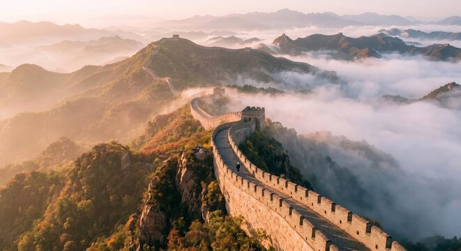 Great Wall Tourism : Aerial View of Great Wall winding through Mountain Range at Sunrise with Copy Space
