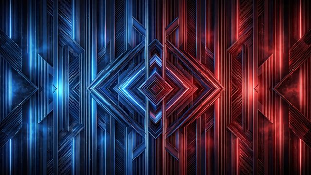 Symmetrical, glowing geometric patterns in blue and red light create a futuristic, abstract backdrop