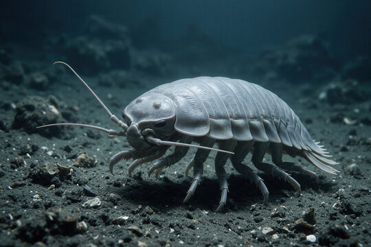Giant Deep Sea Isopod Crawling On The Dark Ocean Floor In The Abyss
