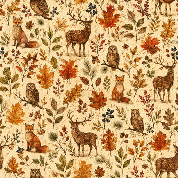 Vintage autumn forest pattern, seamless woodland animal background with deer and foxes, rustic fall leaves and owl textile design