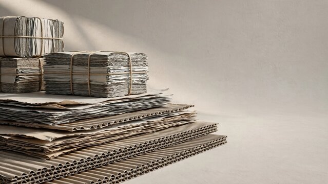 Stacks of recycled paper and cardboard, arranged for organization