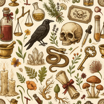 Vintage alchemy seamless pattern, mystical occult illustrations with raven and skull, dark academia apothecary aesthetic wallpaper