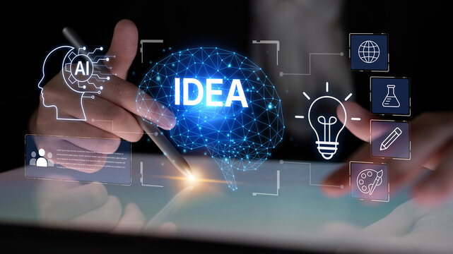 Surreal representation of innovative ideas powered by artificial intelligence with hands interacting in a digital space, showcasing a blend of creativity and technology for future concepts. Nascent