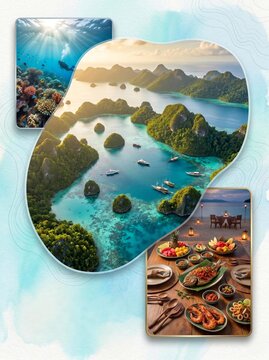 Tropical Island Tourism : Raja Ampat Aerial Islands Scuba Diving and Seafood Feast Photo Collage Layout