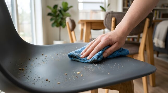 Hand Removing Crumbs and Dirt From Dining Chair Seat With Microfiber Cloth at Home