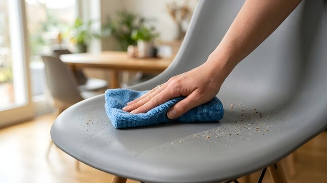 Close Up Hand Cleaning Gray Dining Chair Seat With Blue Cloth in Sunlit Home Interior