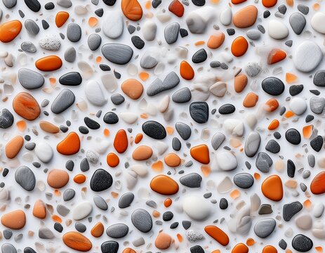 terrazzo surface seamless pattern featuring scattered grey and orange pebbles on bright white base