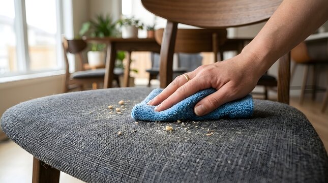Person Wiping Gray Dining Chair Seat Surface With Cleaning Cloth During Household Cleaning