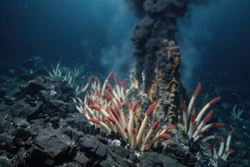 Deep Sea Hydrothermal Vent With Tube Worms On The Dark Ocean Floor © FuturStockSolution 