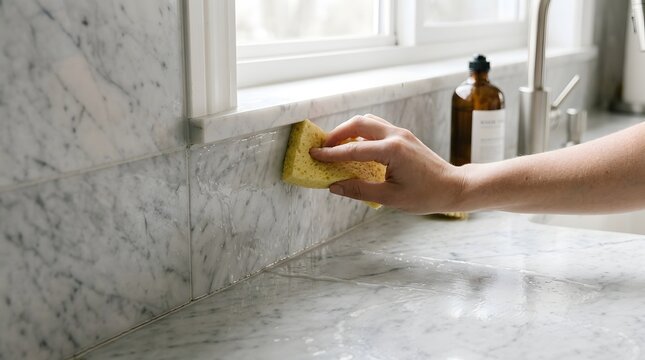 Person Cleaning Marble Kitchen Backsplash With Sponge Beside Window and Sink in Bright Home