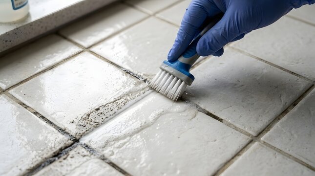 Gloved Hand Scrubbing Kitchen Floor Tile Grout With Small Brush During Deep Cleaning Process