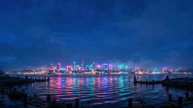 Neon city skyline reflects vibrant, colorful lights on calm water under a dark, moody sky