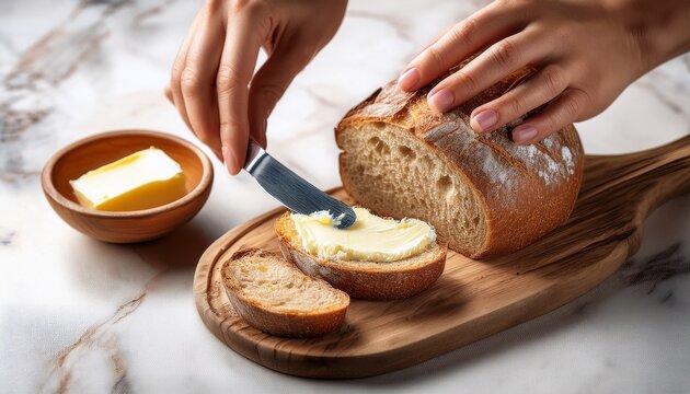 close up of hands using a silver knife to spread butter on a slice of sourdough bread on a marble and wood board with a bowl of butter