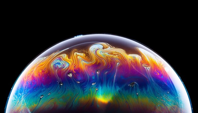 floating iridescent soap bubble with rainbow colors reflecting on black background high quality image