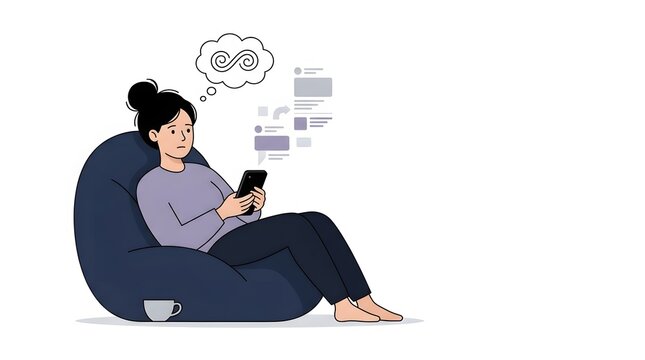 Tired woman sitting on bean bag chair scrolling smartphone with infinity loop thought bubble and feed notifications