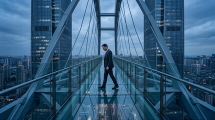 Naklejka na ściany i meble Businessman walking on glass bridge between skyscrapers at twilight