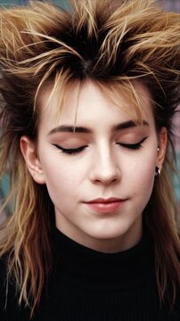 Young woman with 1980s spiky retro hairstyle in black turtleneck smiling at camera