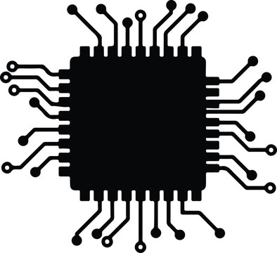 Silhouette central computer processing unit chip with intricate circuit connection lines Vector