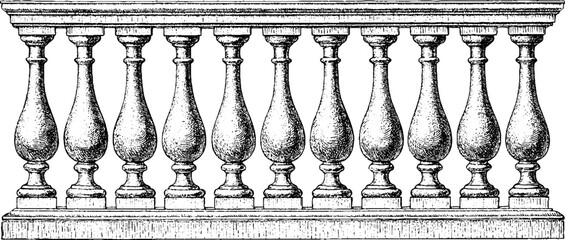 Obraz premium Antique engraved balustrade drawing isolated on white background for architectural ornamentation and classical design background for restoration