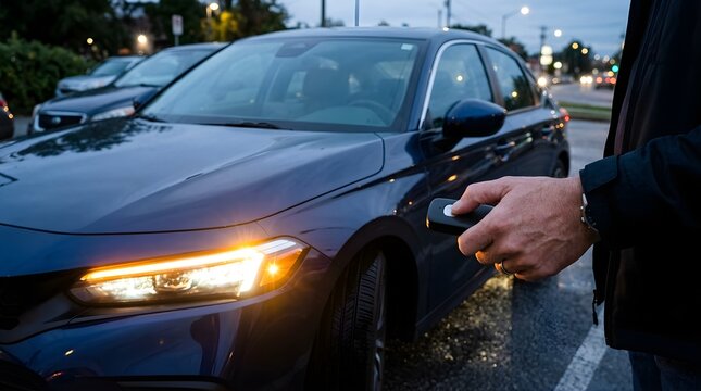 Driver unlocking modern car with remote key fob in evening parking lot