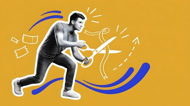 Active man cutting ribbon with large scissors celebrating financial breakthrough